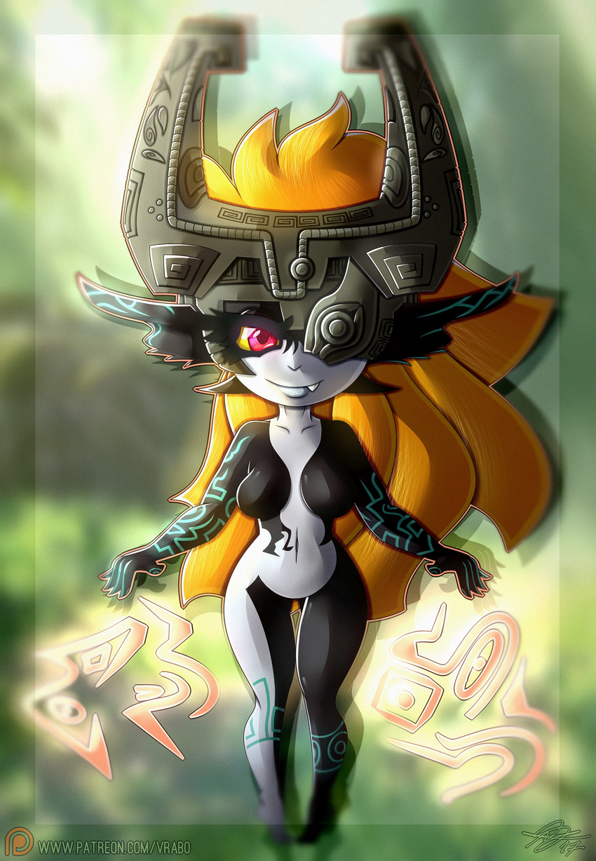 2017 blonde_hair blurred_background breasts fangs hair happy head_wear hi_res hovering humanoid imp large_eyelashes lips long_hair looking_at_viewer mammal midna navel nintendo not_furry nude outside patreon pointy_ears powers red_eyes short_stack signature smile solo standing teeth text the_legend_of_zelda twili twilight_princess url video_games vrabo wide_hips yellow_screla