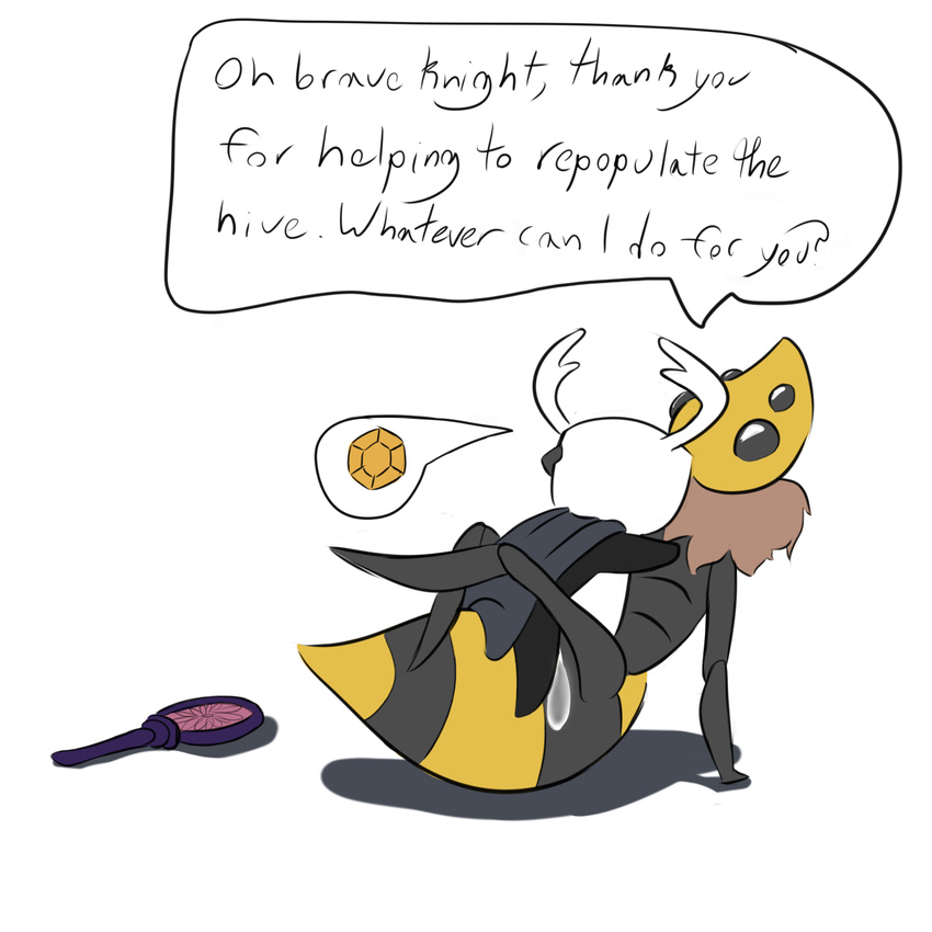 ambiguous_gender arthropod cum cum_on_body dialogue empty_eyes english_text four_eyes hollow_knight insect jellymouse male male/ambiguous neck_fuzz pictographics protagonist_(hollow_knight) queen_vespa sex simple_background text wasp white_background