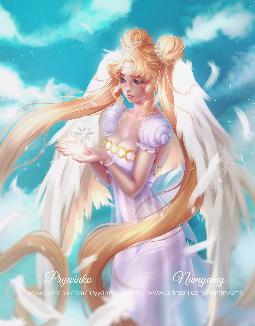 absurdres angel_wings artist_name beads bishoujo_senshi_sailor_moon blonde_hair blue_eyes blurry breasts cleavage closed_mouth collaboration crescent depth_of_field double_bun dress facial_mark feathers forehead_mark freckles hair_beads hair_ornament highres large_breasts long_hair medium_breasts numyumy olga_narhova patreon_username princess_serenity solo tsukino_usagi watermark web_address white_dress wings
