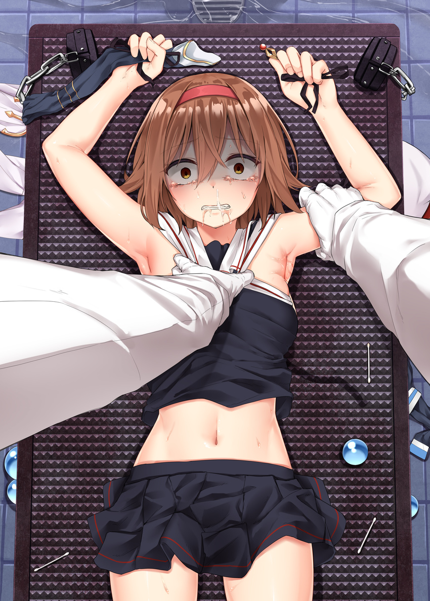1girl absurdres admiral_(kantai_collection) arm_grab armpits black_serafuku black_skirt brown_eyes brown_hair chain commentary constricted_pupils cotton_swab drain_(object) gloves hair_between_eyes hair_ornament hairband hairpin hetero highres imminent_rape jaku_denpa kantai_collection lying md5_mismatch midriff military military_uniform miniskirt naval_uniform navel on_back pleated_skirt sailor_collar saliva scared scarf school_uniform serafuku shiratsuyu_(kantai_collection) skirt snot sweat tears uniform water white_gloves white_scarf