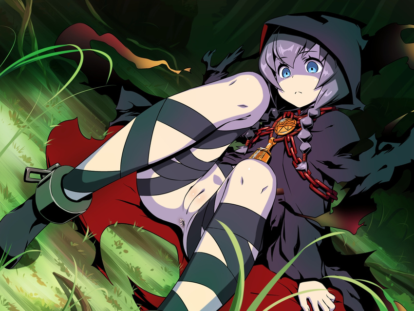 1girl amulet anus aqua_eyes arm_support bell blush boots braid chains cloak cuffs curse_maker dutch_angle female grass hair_tie hood hooded_cloak hou_(hachiyou) jewelry lavender_hair leaning_back long_hair manacles necklace no_panties pussy sekaiju_no_meikyuu shackles sitting solo thigh_strap torn_clothes twin_braids twintails uncensored