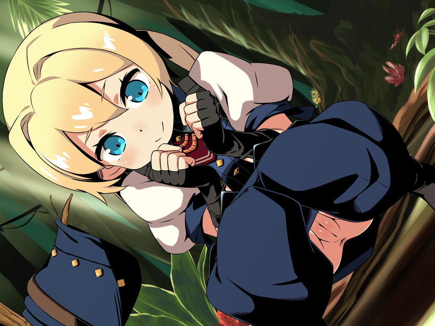 1girl anus aqua_eyes black_gloves blonde_hair blush boots dutch_angle female fingerless_gloves forest frederica_irving gloves hou_(hachiyou) long_hair pants pants_down pussy sekaiju_no_meikyuu shin_sekaiju_no_meikyuu shirt skirt skirt_removed smile solo squatting twintails uncensored