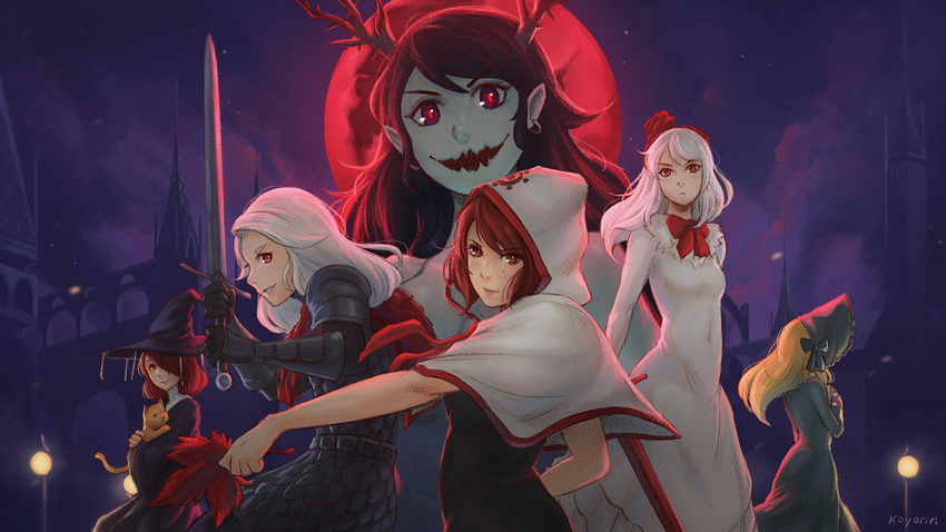 :d armor black_gloves black_hair blonde_hair breasts cat cath_(momodora) choir_(momodora) cloak cotillard covered_navel earrings fennel_(momodora) full_moon gloves hair_over_one_eye hat highres holding holding_sword holding_weapon hood hooded_cloak horns jewelry kaho_(momodora) koyorin long_hair looking_at_viewer lubella momodora:_reverie_under_the_moonlight moon multiple_girls night open_mouth red_eyes red_hair red_moon small_breasts smile sword weapon white_hair witch_hat