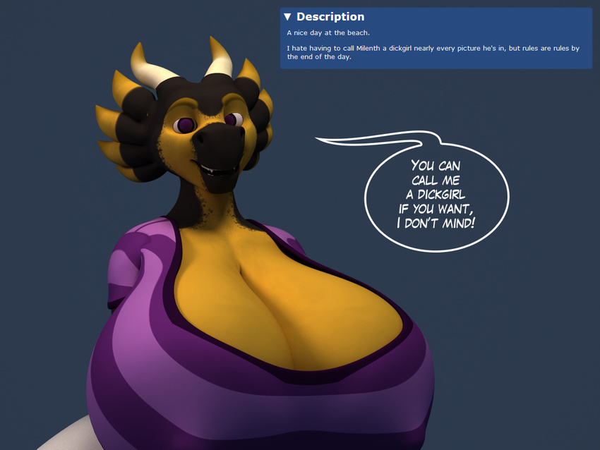 2017 3d_(artwork) anthro anthroanim big_breasts breasts clothing dialogue digital_media_(artwork) dragon english_text female horn huge_breasts looking_at_viewer milenth_drake simple_background smile solo speech_bubble text