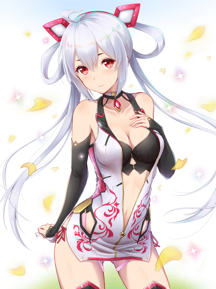 ass_visible_through_thighs bare_shoulders blush breasts choker cleavage dress elbow_gloves gloves hand_on_own_chest highres innocent_cluster jewelry long_hair looking_at_viewer matoi_(pso2) medium_breasts navel petals phantasy_star phantasy_star_online_2 red_eyes short_dress silver_hair simple_background sleeveless smile solo sparkle thighhighs toki_(toki_ship8) twintails