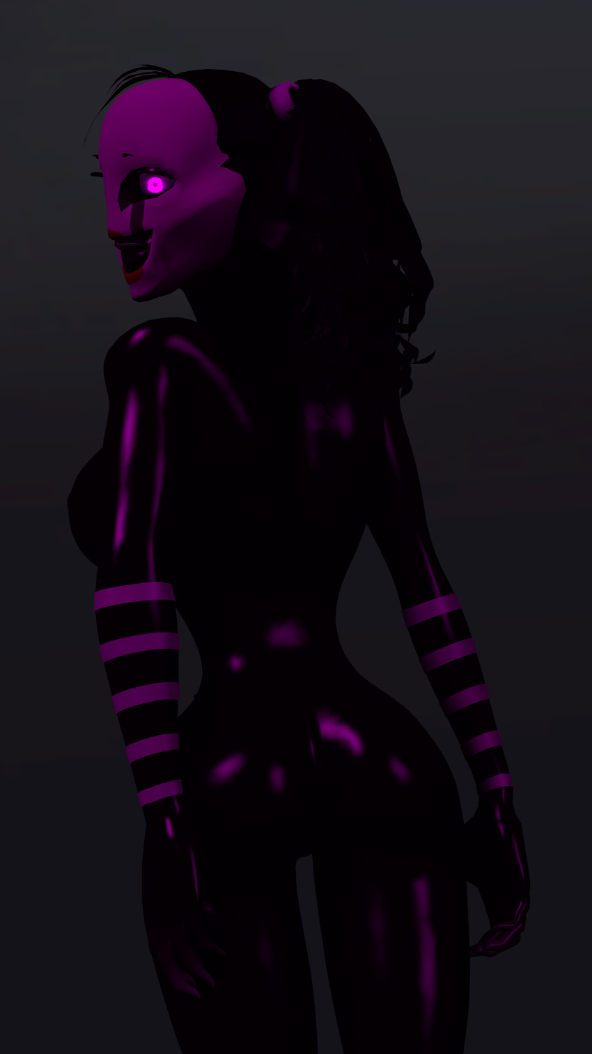 3d_(artwork) animatronic breasts butt digital_media_(artwork) female five_nights_at_freddy's five_nights_at_freddy's_2 glowing glowing_eyes hair hi_res humanoid looking_at_viewer machine marionette_(fnaf) robot sexy_woolfy simple_background smile solo source_filmmaker video_games