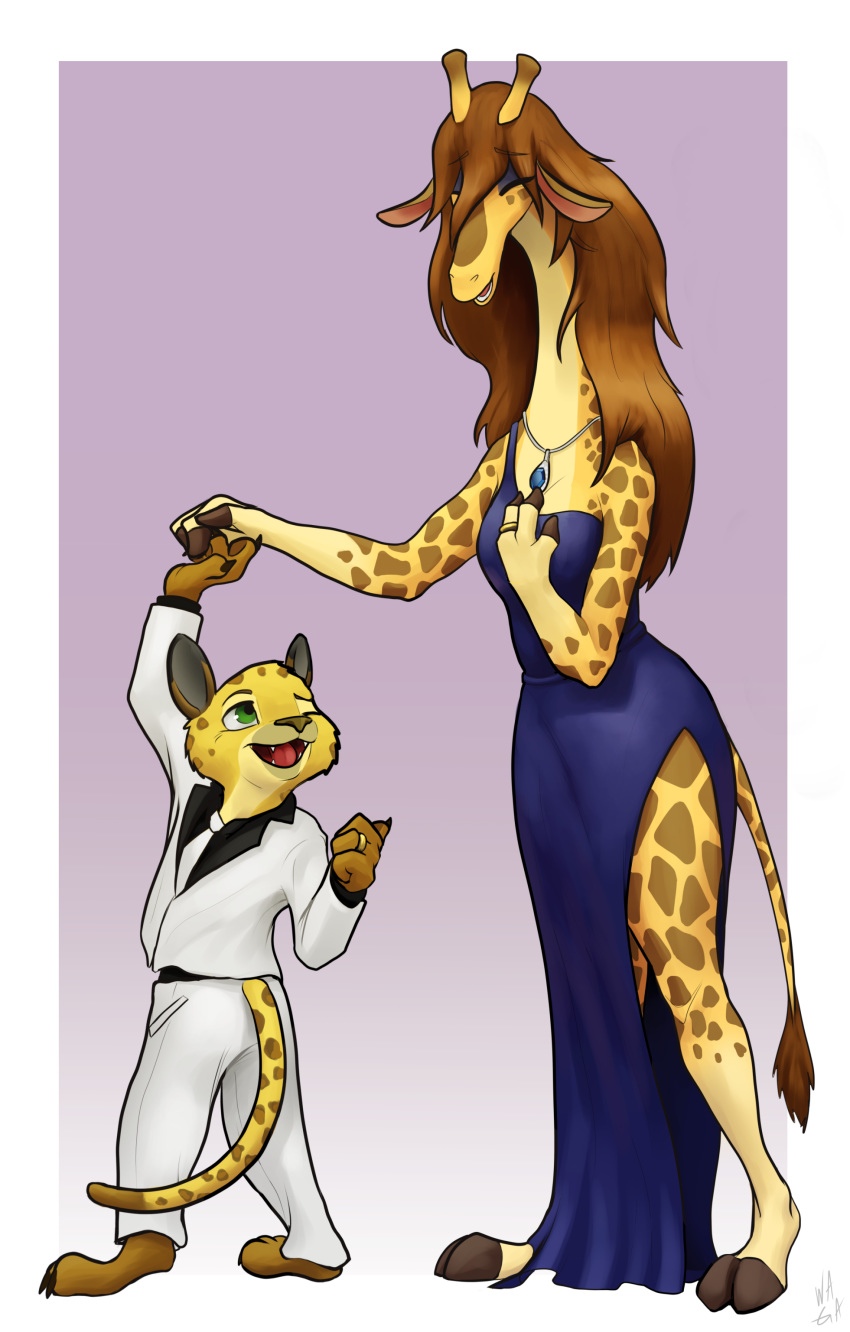2019 anthro barefoot blue_eyes blue_eyeshadow border brown_hair cheek_tuft clothed clothing cocktail_dress dancing desmond_(zootopia_fan_character) dipstick_ears dipstick_tail disney dress duo eyebrows_visible_through_hair eyes_closed eyeshadow fan_character fangs felid female fur furgonomics giraffe giraffid gradient_background green_eyes hair hand_holding hand_on_chest husband_and_wife jaguar jewelry larger_female laugh makeup male mammal molly_(zootopia_fan_character) multicolored_tail necklace necktie one_eye_closed open_mouth ossicones pantherine pink_background ring romantic_couple signature simple_background size_difference smaller_male spots spotted_fur standing tail_clothing tail_tuft tuft w4g4 wedding_ring white_border zootopia