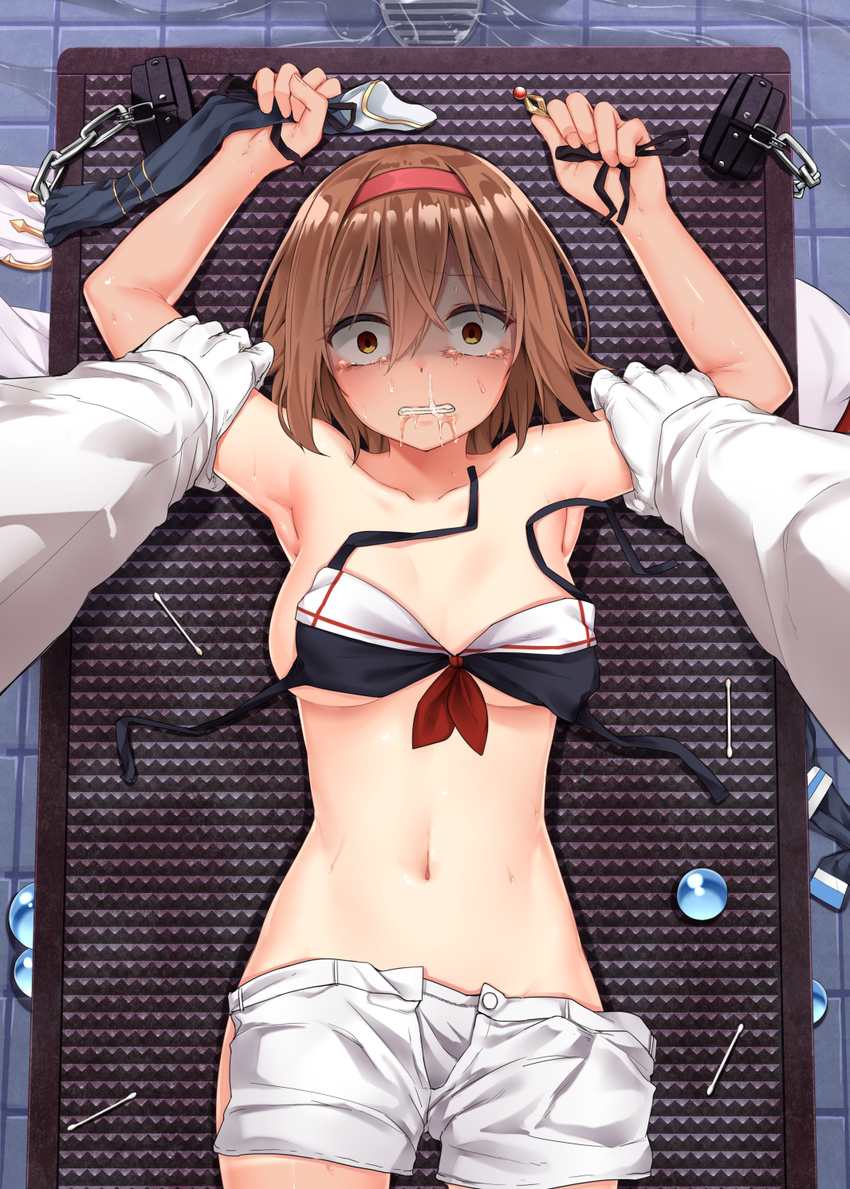 1girl admiral_(kantai_collection) arm_grab armpits black_bikini_top brown_eyes brown_hair chain clothes_in_front constricted_pupils convenient_censoring cotton_swab drain_(object) front-tie_top gloves hair_between_eyes hair_ornament hairband hairpin hetero highres imminent_rape jaku_denpa kantai_collection looking_at_viewer lying military military_uniform naval_uniform navel nude on_back out_of_frame pov pov_hands saliva scared scarf shiratsuyu_(kantai_collection) short_shorts shorts snot sweat tears uniform water white_gloves white_scarf white_shorts wide-eyed