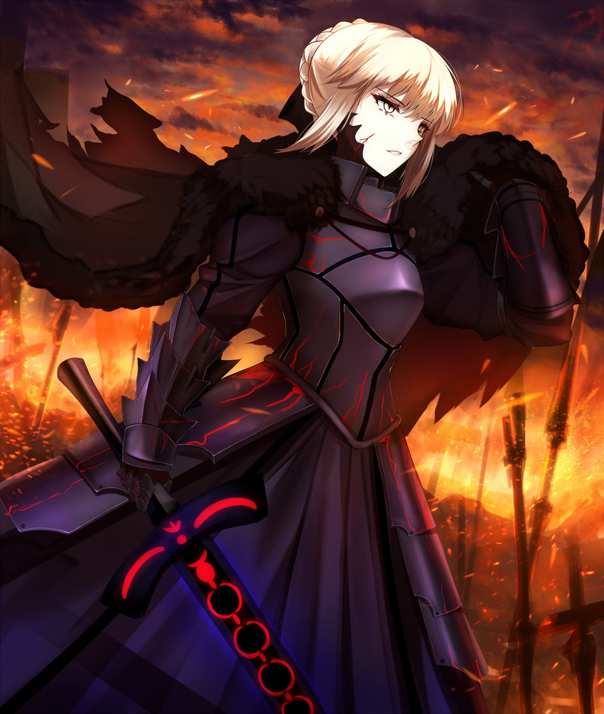 armor armored_dress artoria_pendragon_(all) black_armor blonde_hair breastplate cape cloud dark_excalibur dark_persona fate/stay_night fate_(series) fire fur-trimmed_cape fur_trim gauntlets highres holding holding_sword holding_weapon looking_away parted_lips planted_sword planted_weapon saber_alter shiguru sky slit_pupils solo sparks sword torn_cape weapon yellow_eyes