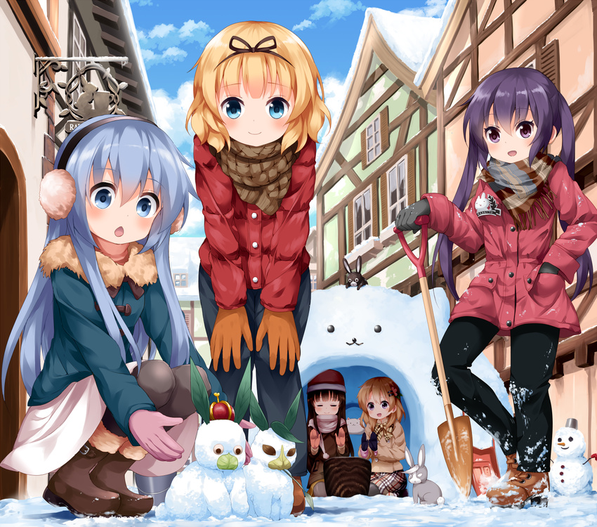 black_legwear blonde_hair blue_eyes blush boots brown_hair bunny chestnut_mouth closed_eyes cloud coat day earmuffs gloves gochuumon_wa_usagi_desu_ka? hair_ornament hairband hairclip highres hoto_cocoa kafuu_chino kirima_sharo long_hair multiple_girls open_mouth pantyhose purple_eyes purple_hair quinzhee ruu_(tksymkw) scarf seiza short_hair shovel sitting skirt sky smile snow snow_bunny snow_shelter snowman squatting tedeza_rize tippy_(gochiusa) twintails ujimatsu_chiya winter_clothes