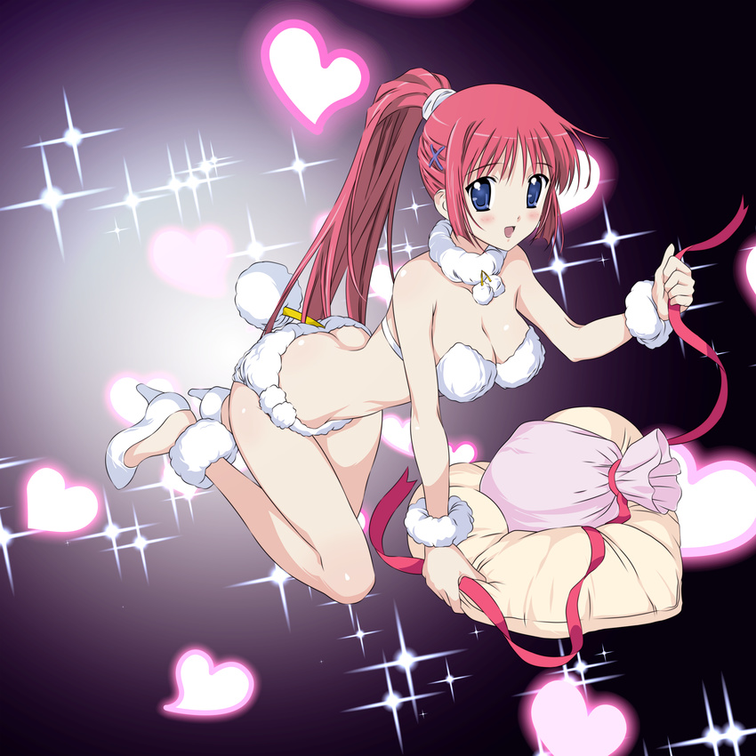 :d absurdres ankle_cuffs ass blue_eyes bra breasts choker cleavage da_capo hair_ornament heart heart_pillow high_heels high_ponytail highres huge_filesize large_breasts long_hair looking_at_viewer open_mouth panties pillow red_hair red_ribbon ribbon shirakawa_kotori smile solo sparkle tail underwear underwear_only very_long_hair white_bra white_panties wrist_cuffs