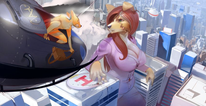 absurd_res aircraft airship anthro big_breasts breasts breath canine city cleavage clothed clothing collie dog duo female fur hair helicopter hi_res macro male mammal shnider
