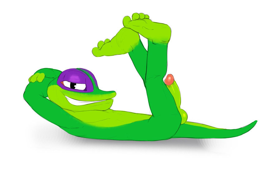 armpits balls barefoot circumcised erection feet gecko gex gex_(series) grin hands_behind_back humanoid_feet humanoid_penis legs_up lizard looking_at_viewer lying nude on_back penis pinup pose reptile scalie seyrmo side_view smile