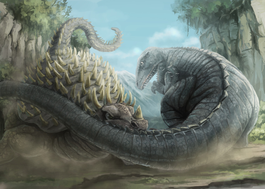 allosaurus anguirus ankylosaurus battle birds biting cloud day dinosaur dust fight fighting giant_monster godzilla_(series) gorosaurus highres kaijuu kamemaru king_kong_(series) monster mountain no_humans shell spikes tail trees