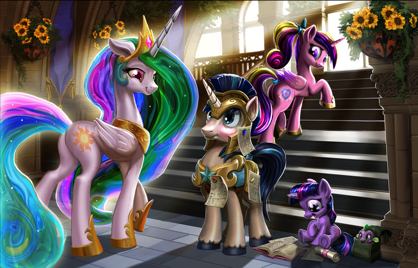 2017 armor book brother brother_and_sister cub cutie_mark detailed_background dragon equine feathered_wings feathers female feral flower friendship_is_magic group hair harwick helmet hi_res hooves horn inside long_hair mammal multicolored_hair my_little_pony open_mouth plant princess_cadance_(mlp) princess_celestia_(mlp) scroll shining_armor_(mlp) sibling sister sitting smile spike_(mlp) twilight_sparkle_(mlp) underhoof unicorn winged_unicorn wings young