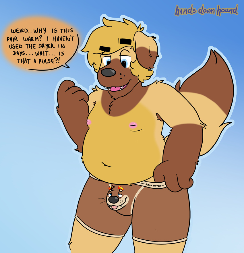2017 absurd_res anthro belly briard bulge canine clothed clothing dog fur hair handsdownhound hi_res inverted_nipples living_clothes mammal mustelid nipples oceanotter otter quintus_(handsdownhound) slightly_chubby text transformation underwear what