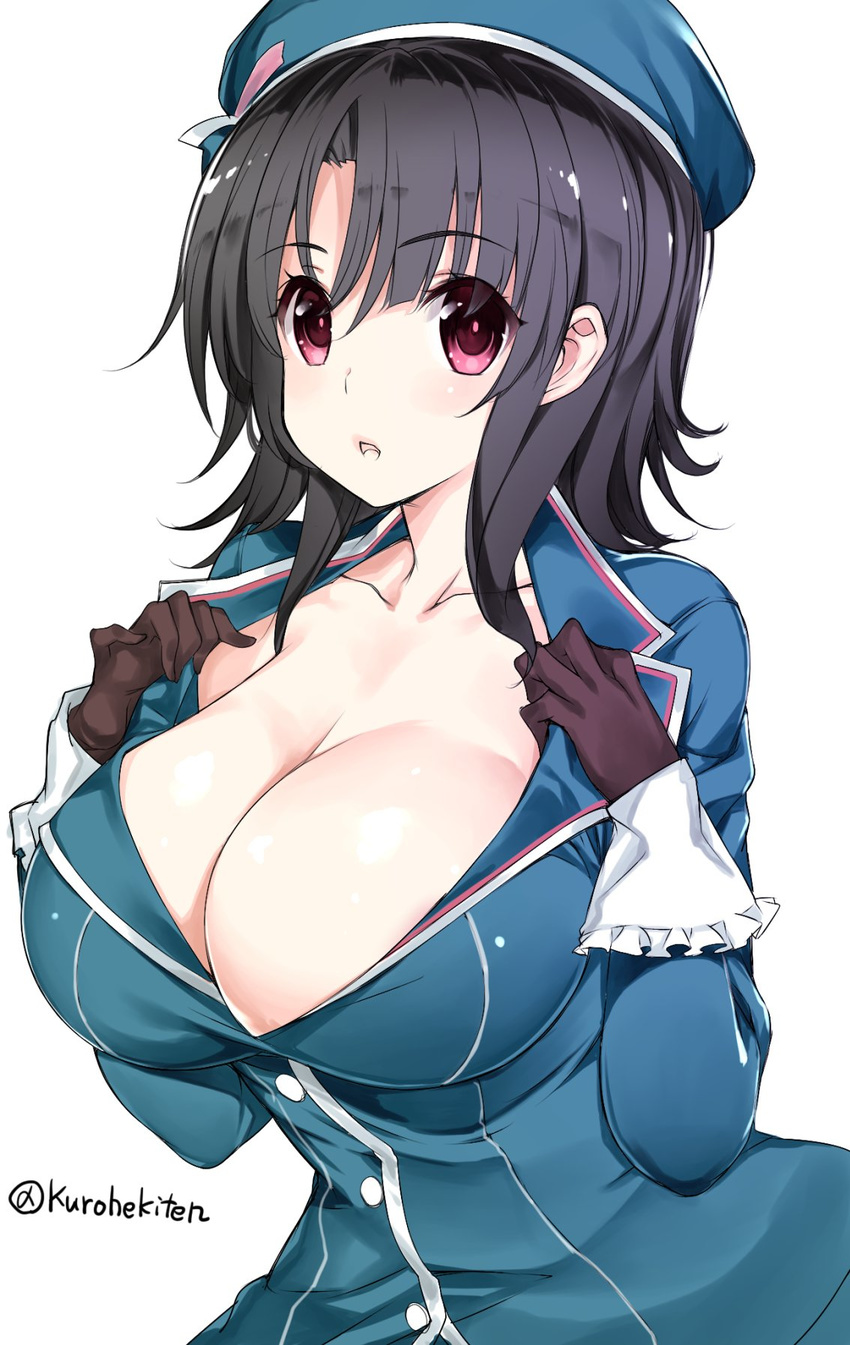 beret black_hair blue_hat blue_jacket blush breasts buttons cleavage collarbone eyebrows_visible_through_hair frilled_sleeves frills hat hekiten highres jacket jacket_pull kantai_collection large_breasts lips long_sleeves looking_at_viewer open_clothes open_jacket parted_lips red_eyes shiny shiny_hair short_hair simple_background solo takao_(kantai_collection) twitter_username white_background