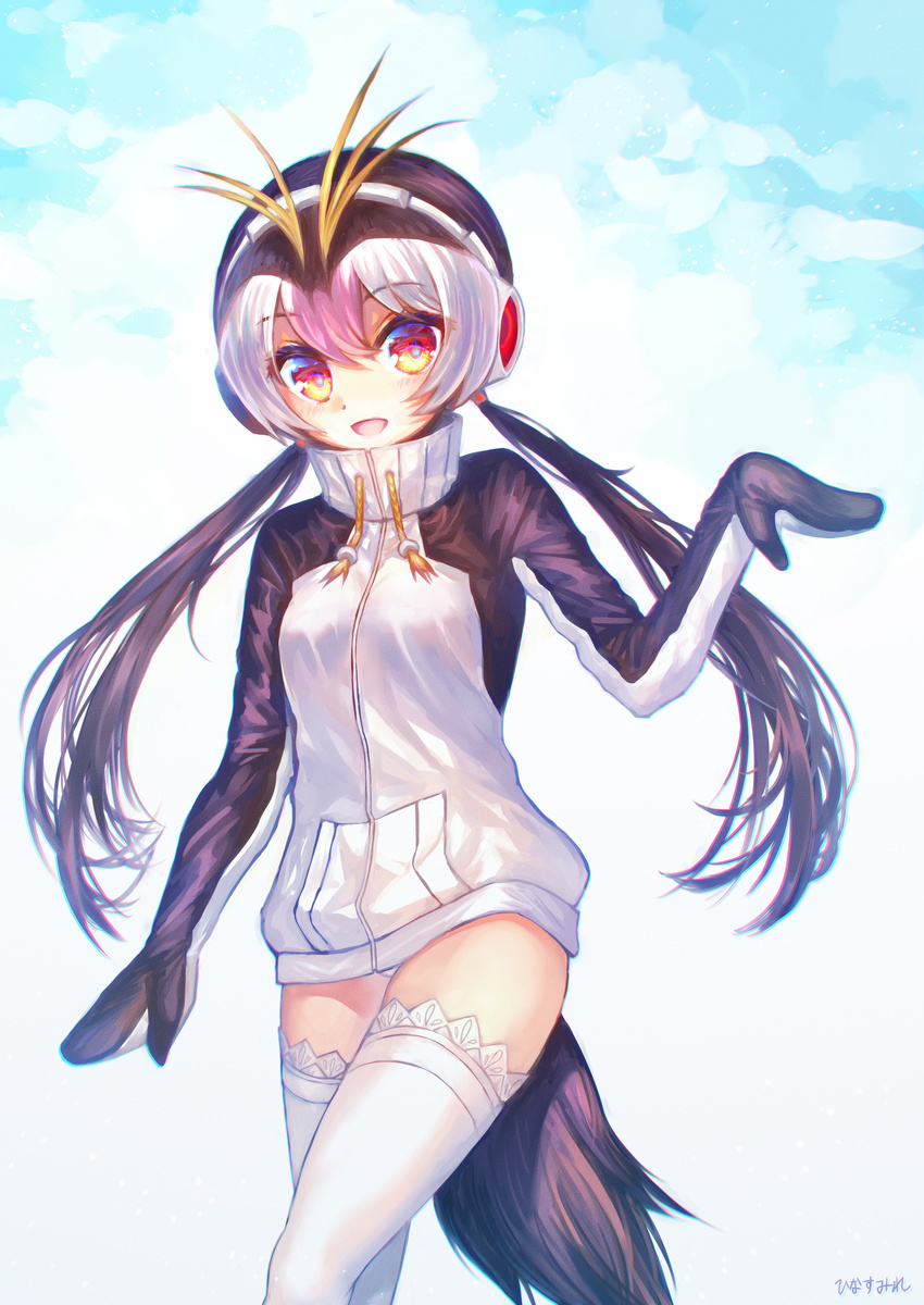 :d absurdres artist_name black_hair commentary_request headphones highres hinasumire kemono_friends lace lace-trimmed_thighhighs long_hair low_twintails open_mouth red_eyes royal_penguin_(kemono_friends) signature smile solo thighhighs twintails white_legwear