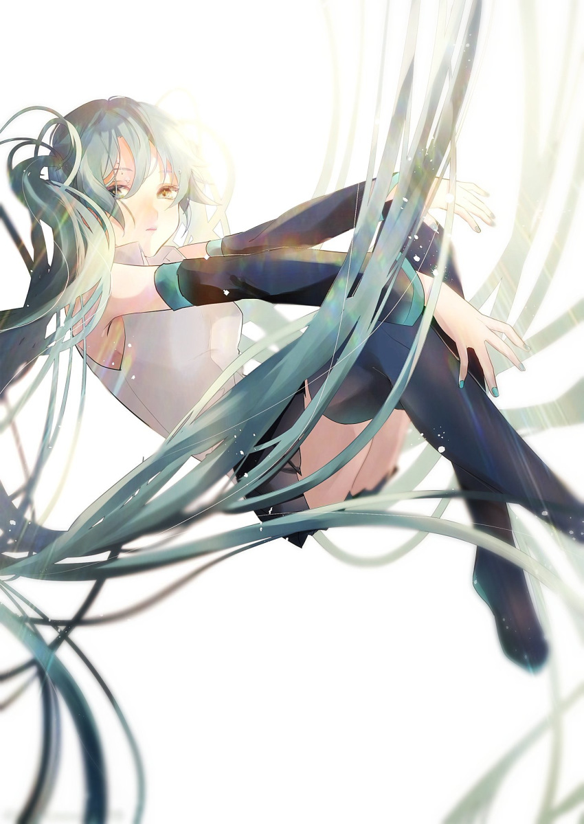 1girl aqua_eyes aqua_hair commentary detached_sleeves floating floating_hair hair_between_eyes hatsune_miku highres long_hair looking_at_viewer nail_polish necktie parted_lips skirt sleeveless solo symbol_commentary thighhighs twintails un_known9999 very_long_hair vocaloid