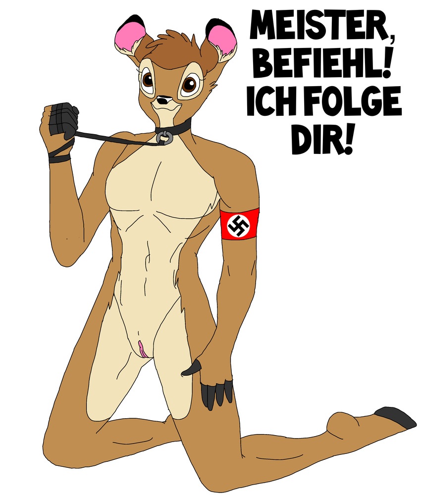 armband bambi bambi_(film) black_nose brown_eyes brown_fur brown_hair cervine collar cuntboy deer disney fur german_text girly hair hooves intersex leash mammal nazi nude pussy smile solo submissive swastika text vanderhirsche