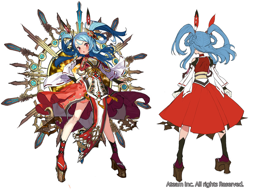 :o amaterasu_(valkyrie_connect) blue_hair blush braid breasts clog_sandals detached_sleeves dress floating_hair from_behind full_body hair_rings hand_on_hip legs_apart long_hair looking_at_viewer matsui_hiroaki multiple_views official_art open_mouth pelvic_curtain red_dress red_eyes red_legwear small_breasts socks standing tabi v-shaped_eyebrows valkyrie_connect watermark white_background
