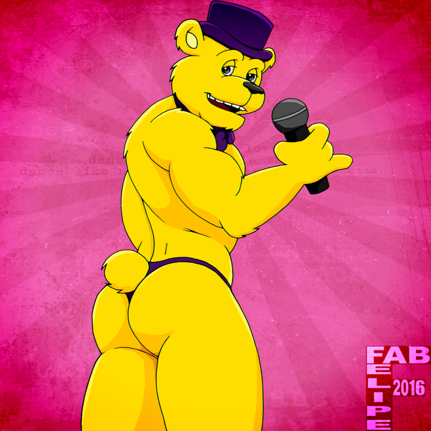anthro bear bow_tie butt clothing fabfelipe five_nights_at_freddy's golden_freddy_(fnaf) male mammal microphone solo thong underwear video_games