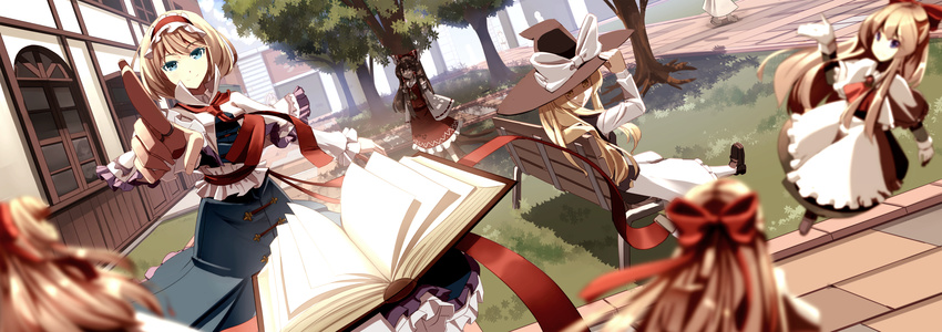 &gt;:) adjusting_clothes adjusting_hat alice_margatroid apron ascot bangs bench black_dress black_eyes black_hair blonde_hair blue_dress blurry book bow building capelet clere closed_mouth commentary_request depth_of_field detached_sleeves dress foreshortening hairband hakurei_reimu hat hat_bow highres japanese_clothes kirisame_marisa lolita_hairband long_sleeves multiple_girls neck_ribbon nontraditional_miko open_book outdoors park_bench pointing pointing_at_viewer puppet_rings red_bow red_ribbon red_shirt red_skirt ribbon ribbon-trimmed_sleeves ribbon_trim sash shanghai_doll shirt short_hair sitting skirt skirt_set smile touhou tree v-shaped_eyebrows waist_apron white_bow wide_sleeves witch_hat