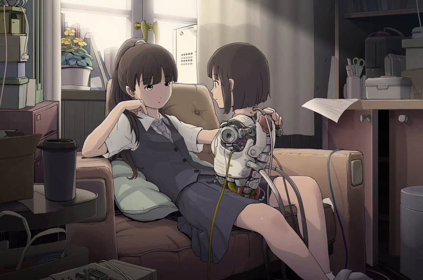 android arm_support between_legs brown_hair couch cup eye_contact flower hand_on_another's_shoulder highres indoors long_hair looking_at_another multiple_girls no_arms original pillow plant ponytail potted_plant power_lines robot_joints school_uniform science_fiction short_hair sitting skirt smile sukabu sunlight torso trash_can tube vest window