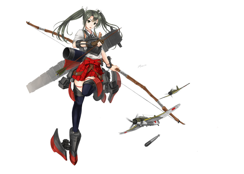 a6m_zero b7a_ryuusei baek_hyang black_legwear boots bow_(weapon) grey_hair hair_ribbon hakama_skirt highres japanese_clothes kantai_collection leg_up long_hair machinery miko muneate open_mouth quiver remodel_(kantai_collection) ribbon rocket_launcher tasuki thigh_boots thighhighs torpedo twintails weapon white_ribbon zuikaku_(kantai_collection)