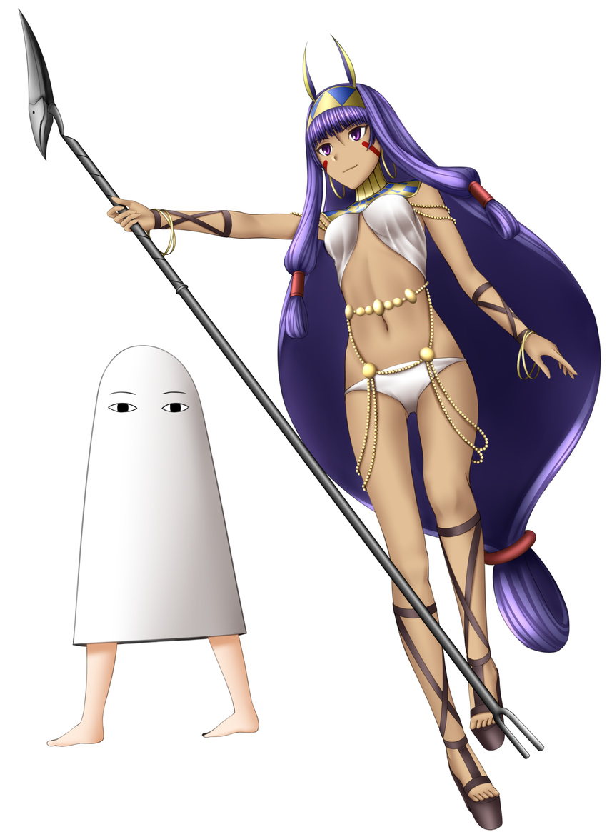 &gt;:) bangs beads blunt_bangs body_jewelry bracelet breasts closed_mouth commentary_request dark_skin earrings egyptian egyptian_clothes facial_mark fate/grand_order fate_(series) full_body gold hairband highres holding holding_staff hoop_earrings jewelry junsui_risei long_hair looking_away low-tied_long_hair medjed navel nitocris_(fate/grand_order) panties purple_eyes purple_hair revealing_clothes small_breasts smile staff standing stomach underwear v-shaped_eyebrows very_long_hair white_panties