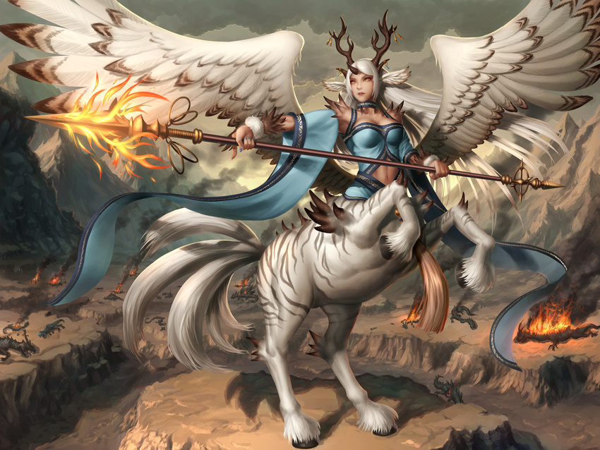antlers battlefield blue_nails breasts canyon centauroid chimera choker cleavage cloud corpse detached_sleeves fantasy feathered_wings fire flaming_weapon floating_hair full_body head_wings highres holding holding_weapon hooves horn horn_ornament horns large_breasts long_hair looking_afar looking_away monster_girl mountain nail_polish navel navel_cutout original outdoors parted_lips polearm shoulder_spikes sleeveless smoke solo spear spikes spread_wings stomach tassel two-handed very_long_hair weapon white_hair wide_sleeves wings yellow_eyes youbou