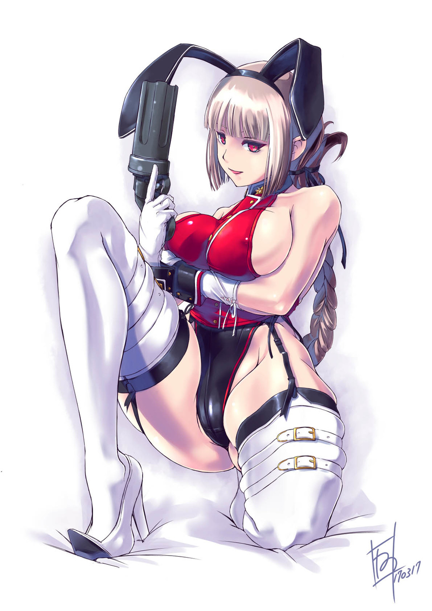 :p animal_ears bare_shoulders blonde_hair boots breasts bunny_ears bunny_girl bunnysuit covered_nipples dated fate/grand_order fate_(series) florence_nightingale_(fate/grand_order) gloves gun handgun high_heel_boots high_heels highres large_breasts long_hair looking_at_viewer nenchi one_knee pepper_box_revolver red_eyes revolver sideboob signature solo thick_thighs thigh_boots thighhighs thighs tongue tongue_out very_long_hair weapon white_gloves