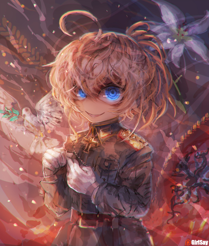 ahoge artist_name belt blonde_hair blue_eyes epaulettes girlsay gloves highres iron_cross looking_at_viewer military military_uniform ponytail short_hair smile solo standing tanya_degurechaff tied_hair uniform white_gloves youjo_senki