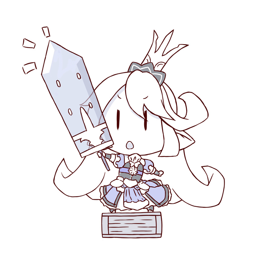:o arm_warmers armor armored_dress bangs black_eyes blue_dress boots box breastplate charlotta_fenia chibi crown crystal_sword dress eyebrows_visible_through_hair frilled_dress frills full_body granblue_fantasy harvin highres holding holding_sword holding_weapon long_hair looking_up on_box open_mouth outstretched_arms parted_bangs pointy_ears puffy_short_sleeves puffy_sleeves reinaru see-through short_sleeves simple_background solo spot_color standing_on_object sword very_long_hair weapon white_background white_hair |_|