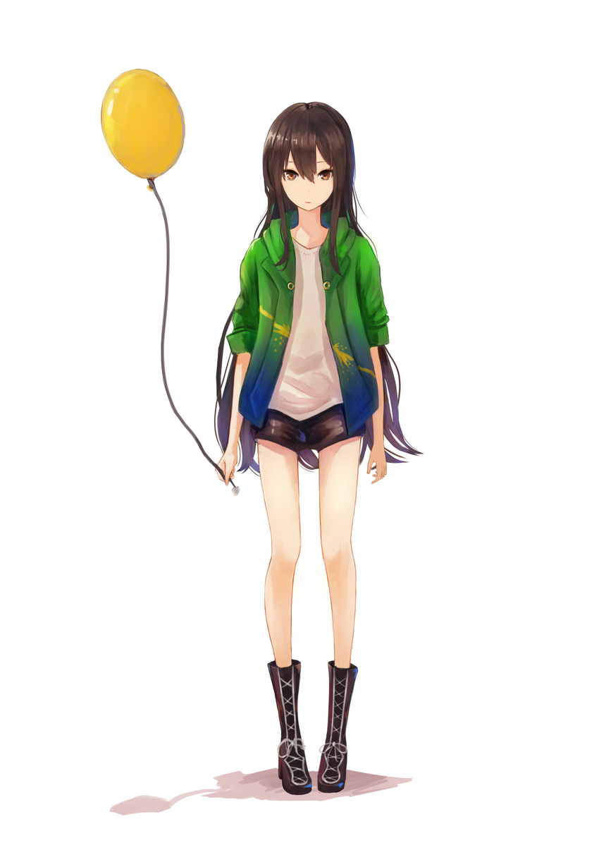 arms_at_sides balloon bangs black_hair black_shorts boots brown_eyes brown_hair closed_mouth expressionless full_body hair_between_eyes highres holding holding_balloon hood hood_down hoodie knee_boots long_hair looking_at_viewer open_clothes open_hoodie original pip_(red_juice1869) shirt short_shorts shorts simple_background skinny solo standing very_long_hair wavy_hair white_background white_shirt