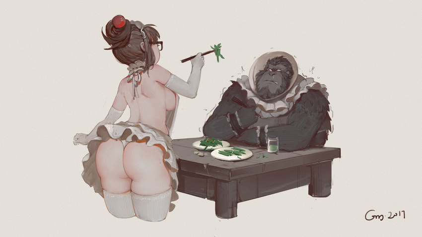 1girl alternate_costume apron ass bent_over black-framed_eyewear breasts brown_hair chopsticks cowboy_shot cup dated drinking_glass elbow_gloves elizabethan_collar enmaided feeding food from_behind gaoerji glasses gloves gorilla hair_bun hair_ornament hair_stick highres holding holding_food large_breasts leaning_forward looking_at_another maid maid_apron maid_headdress mei_(overwatch) miniskirt naked_apron overwatch panties plate short_hair shoulder_blades sideboob signature simple_background sitting skirt standing table thighhighs thong trembling underwear white_background white_gloves white_legwear white_panties winston_(overwatch)