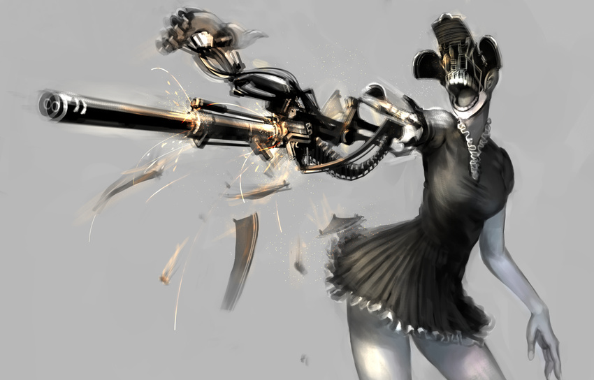 aiming android black_dress breasts contrapposto cowboy_shot damaged dress fingernails foreshortening frilled_dress frills grey_background grey_skin jittsu looking_away looking_to_the_side mecha_musume mechanical_arms medium_breasts motion_blur open_mouth original outstretched_arm parts_exposed pleated_dress pointing pointing_weapon short_sleeves skirt skull solo sparks standing teeth weapon