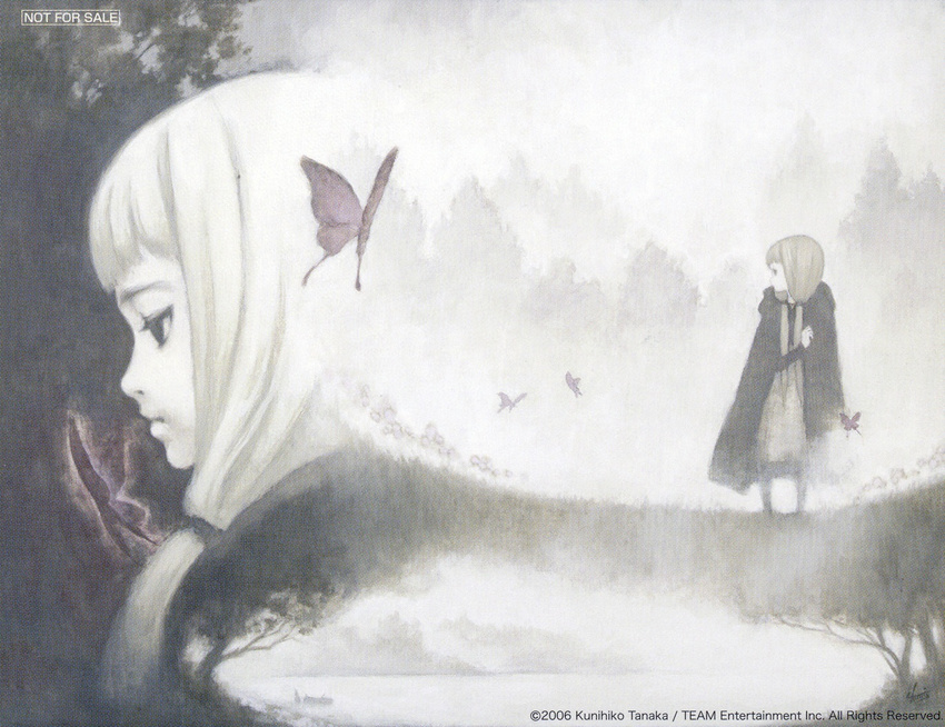2girls album_cover artist_name atelier_(series) atelier_iris_grand_phantasm bangs black_eyes blunt_bangs bug butterfly cape character_request closed_mouth cover expressionless face faux_traditional_media half-closed_eyes insect lake low_twintails monochrome multiple_girls nature non-web_source official_art pale_skin platinum_blonde_hair profile scan scan_artifacts sepia signature standing tanaka_kunihiko tree twintails