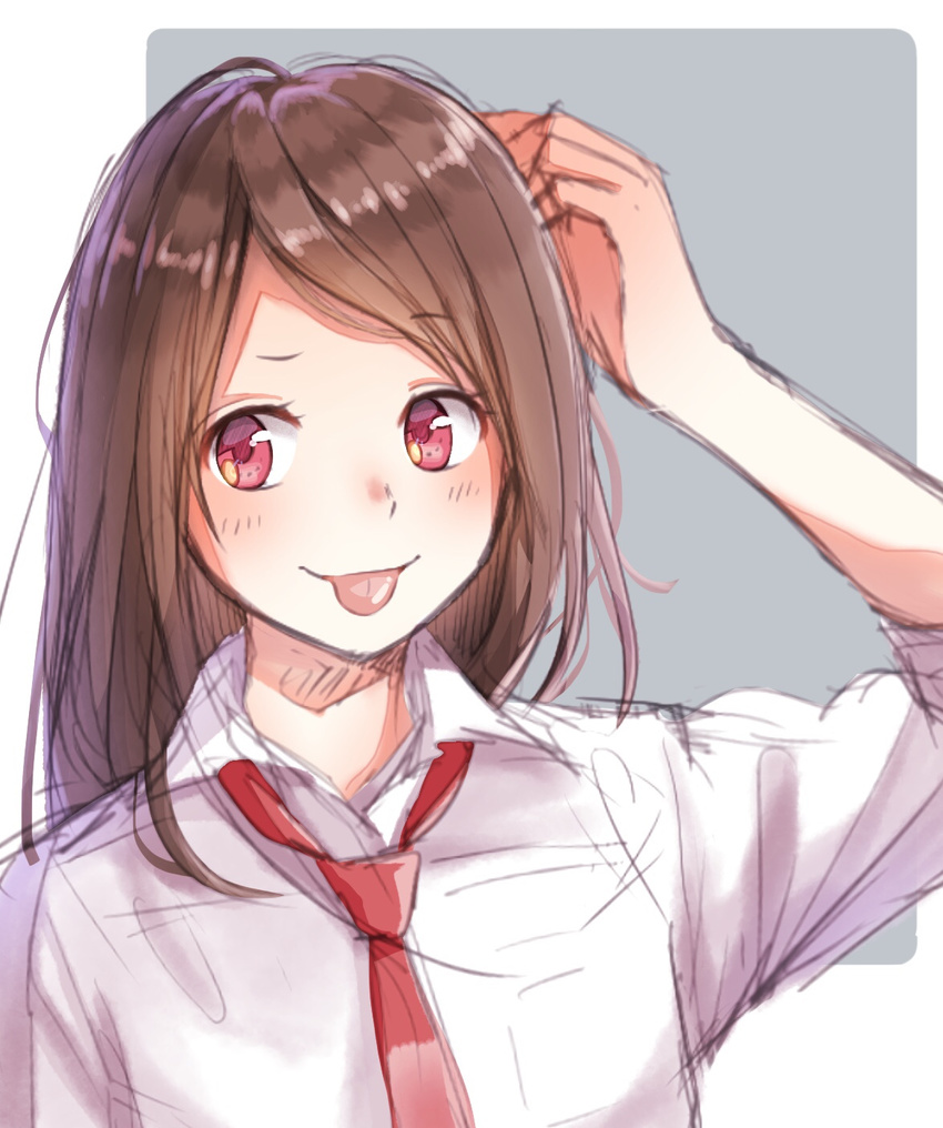 arm_up bad_id bad_pixiv_id blush brown_hair closed_mouth collared_shirt eyebrows_visible_through_hair hami_yura hand_on_head highres long_hair looking_to_the_side necktie original pink_eyes red_neckwear school_uniform shirt sketch smile solo tehepero tongue tongue_out uniform upper_body white_shirt