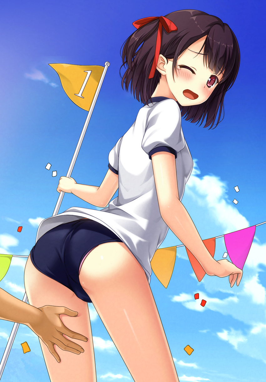 1girl arched_back ass bangs black_hair blue_buruma blue_sky blush breasts buruma cloud cloudy_sky confetti day eyebrows_visible_through_hair flag from_behind gym_uniform hair_ribbon hand_on_thigh highres holding holding_flag lace lace-trimmed_panties looking_at_viewer looking_back one_eye_closed one_side_up open_mouth original out_of_frame outdoors panties panties_under_buruma pennant pink_panties purple_eyes red_ribbon ribbon shirt short_hair short_sleeves sky small_breasts solo_focus sports_festival standing string_of_flags tears thighs underwear uzuki_hiro wavy_mouth white_shirt