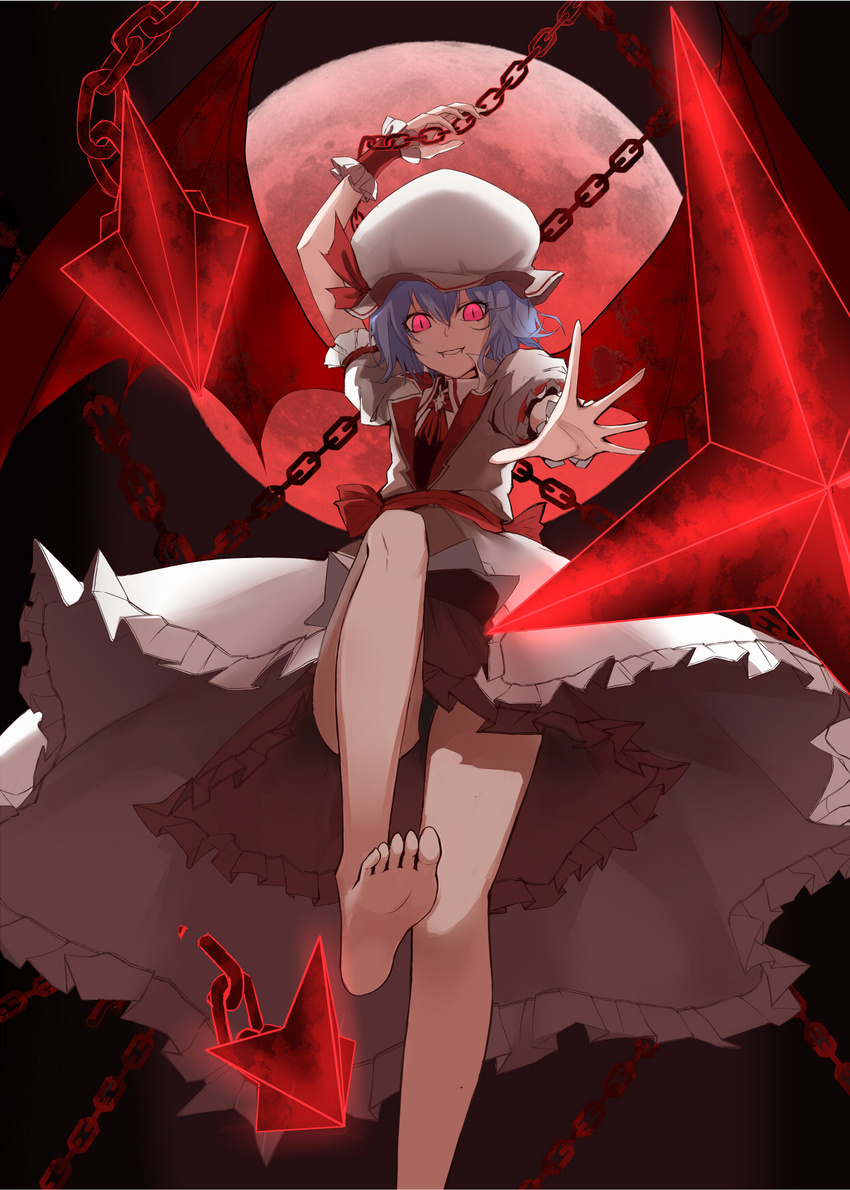 adapted_costume arm_up bare_legs barefoot bat_wings black_panties chain fangs feet feet_up foot_dangle frilled_skirt frills from_behind hat hat_ribbon highres lavender_hair leg_up leris_muma looking_at_viewer mob_cap moon outstretched_arm outstretched_hand panties pantyshot pantyshot_(standing) pink_eyes puffy_short_sleeves puffy_sleeves reaching_out red_eyes red_moon red_ribbon remilia_scarlet ribbon short_hair short_sleeves skirt slit_pupils soles solo standing standing_on_one_leg stepping teeth toes touhou underwear upskirt wings wrist_cuffs