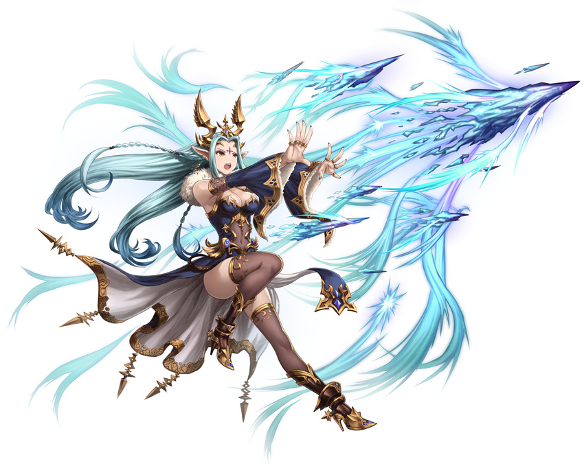 :o armor armored_boots bare_shoulders black_legwear blue_dress blue_hair boots breasts cleavage detached_sleeves dress earrings elf facial_mark floating_hair forehead_mark full_body fur_trim headgear high_heel_boots high_heels highres icicle jewelry long_hair long_sleeves looking_away magic medium_breasts open_mouth original outstretched_arms pointy_ears solo tachi-e thighhighs v-shaped_eyebrows very_long_hair wide_sleeves yellow_eyes youbou