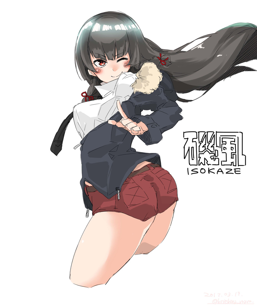 absurdres belt black_hair breasts closed_mouth collared_shirt commentary_request cowboy_shot dated eyebrows_visible_through_hair hair_ribbon highres isokaze_(kantai_collection) kantai_collection kirishina_(raindrop-050928) long_hair long_sleeves looking_at_viewer medium_breasts one_eye_closed pocket pointing red_eyes ribbon shirt shorts simple_background smile solo tress_ribbon twitter_username white_background white_shirt