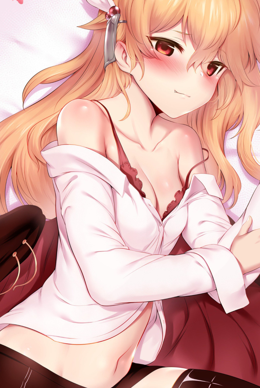 1girl :3 black_legwear blonde_hair blush bra breasts cleavage closed_mouth collarbone commentary_request ear_blush ester_fitz_clarence eyebrows_visible_through_hair fang_out hair_ornament highres light_smile long_hair long_sleeves looking_at_viewer lying m-da_s-tarou midriff miniskirt navel off_shoulder on_side pink_bra red_eyes skirt small_breasts solo strap_slip tanaka_the_wizard thighhighs underwear