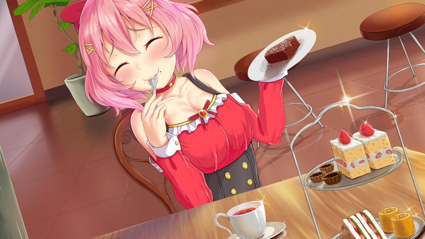 ^_^ bare_shoulders blush breasts cake chair cleavage closed_eyes closed_mouth collarbone corset cup detached_sleeves door dutch_angle eating eyebrows_visible_through_hair food food_on_face foodgasm fork glint hair_between_eyes hair_ornament highres holding holding_fork indoors long_sleeves medium_breasts original pink_hair plant plate potted_plant sandwich saucer short_hair sitting slice_of_cake smile solo sparkle stool swiss_roll table teacup tiered_tray tile_floor tiles upper_body wrist_cuffs x_hair_ornament zuizhong