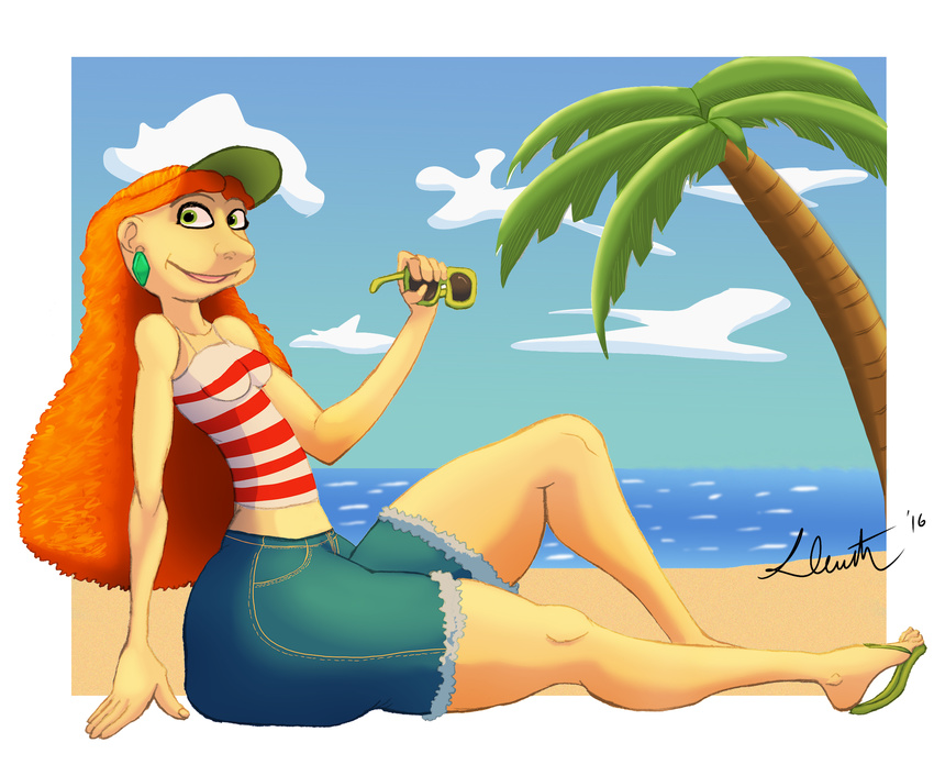 beach big_butt butt clothing footwear inner_workings kate(disney) not_furry red_hair_girl sandals seaside sleuth