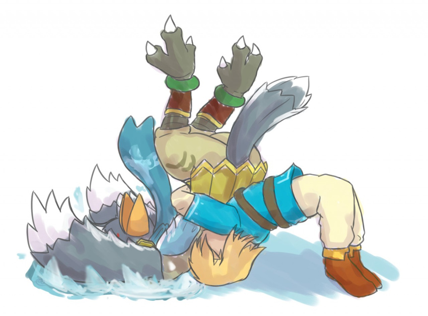 2017 animal_humanoid avian avian_humanoid barefoot beak blonde_hair breath_of_the_wild butt claws clothing feathers fight footwear grey_feathers hair human humanoid link male mammal nintendo pants revali shirt shoes simple_background suplex the_legend_of_zelda toe_claws unknownlifeform video_games white_background