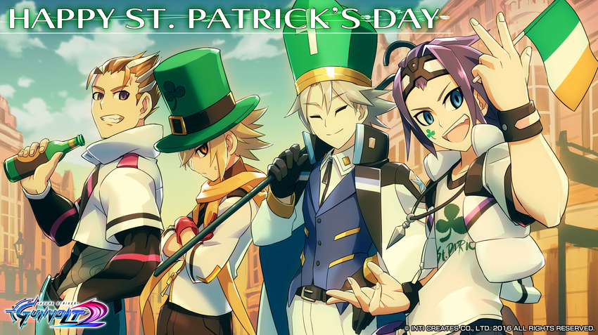 absurdres alcohol asroc_(gunvolt) azure_striker_gunvolt azure_striker_gunvolt_2 beer blonde_hair blue_eyes blue_sky brown_eyes brown_hair cane closed_eyes english ghauri_(gunvolt) hand_on_hip hat hatakeyama_yoshitaka highres irish_flag jewelry logo looking_at_viewer male_focus mini_flag mitre multicolored_hair multiple_boys necklace nimrod_(gunvolt) official_art purple_hair saint_patrick's_day scarf shirt silver_hair sky smile t-shirt tenjian_(gunvolt) top_hat two-tone_hair vest white_shirt yellow_eyes