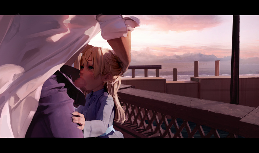 1girl absurdres age_difference blonde_hair blush day diathorn eila_ilmatar_juutilainen fellatio fence head_hold hetero highres labcoat lips long_hair looking_up oral outdoors pale_skin pavement penis purple_eyes strike_witches visual_novel world_witches_series