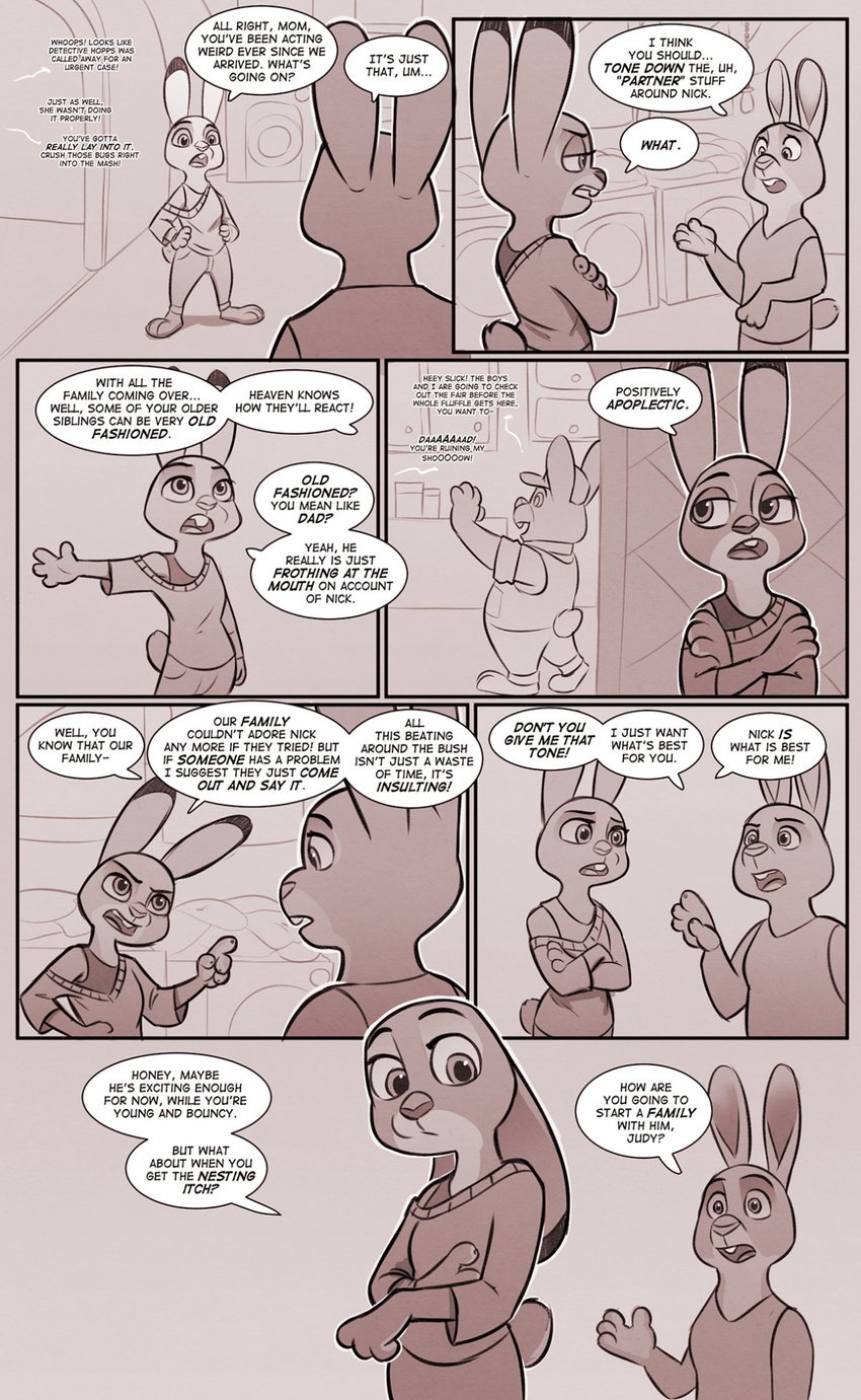 2017 anthro bonnie_hopps buckteeth canine clothed clothing comic dialogue disney fox group judy_hopps lagomorph mammal mistermead monochrome nick_wilde rabbit speech_bubble stu_hopps teeth zootopia